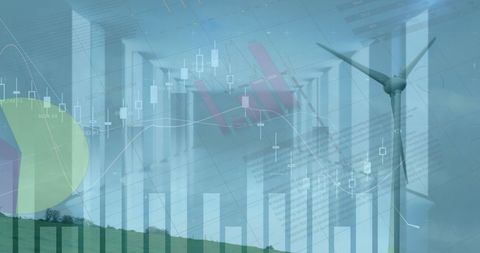 Renewable energy market growth with wind turbine and financial graphs