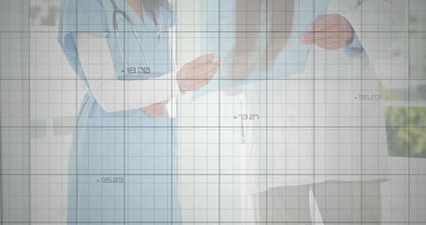Healthcare Professionals Collaborating in Hospital Corridor with Innovative Grid Overlay