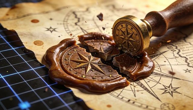 Antique compass wax seal breaking on aged map with brass stamp and blue grid overlay