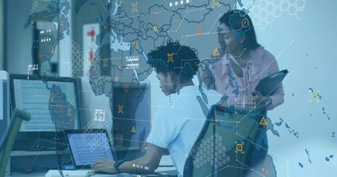Global Data Collaboration Team Reviewing Analytics Dashboard with World Map Overlay