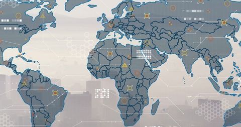 Futuristic Digital World Map Over Urban Skyline with Data Icons