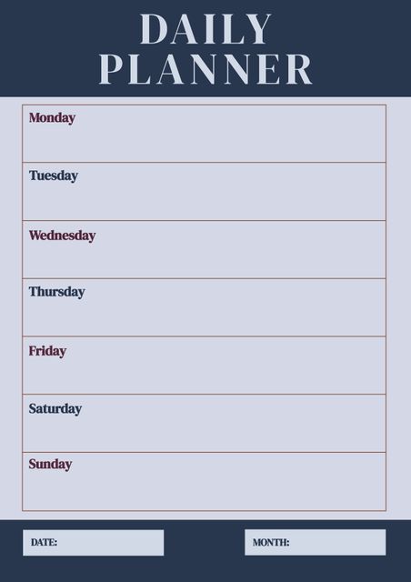 This image features a minimalist daily planner layout with sections for each day of the week and date and month fields at the bottom. It is organized in a simple and clear format suitable for tracking appointments, tasks, and activities. Ideal for use in offices, schools, or personal organization. Easily printable or usable in digital apps for efficient planning and enhancing productivity.