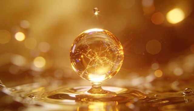 Golden droplet with luminous filaments floating over reflective liquid pool macro closeup