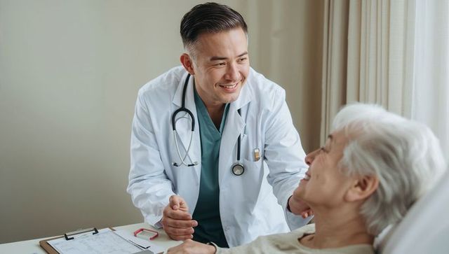 Compassionate physician comforting elderly patient at bedside, smiling consultation moment