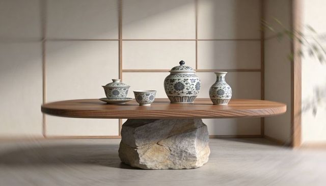 Zen minimalist tea table displaying blue-white porcelain gaiwan and vase on stone base