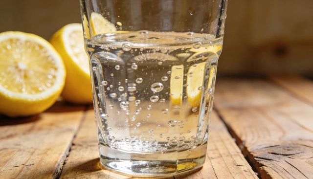 Faceted glass showing sparkling water with lemon slice and bubbling citrus on wood