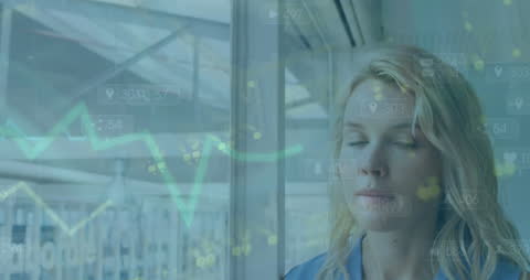 Businesswoman in Office with Data and Tech Overlay