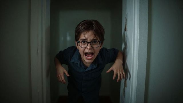 Anxious child screaming in narrow passageway with peeling paint