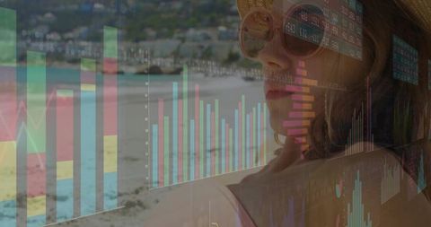 Woman Analyzing Financial Charts on Beach in Summer