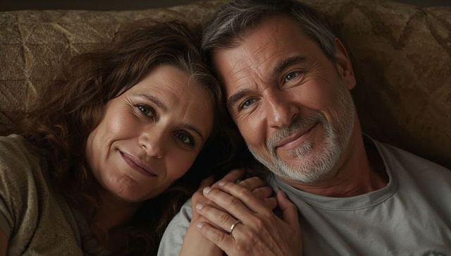 Mature couple holding hands and smiling while reclining on cozy patterned sofa