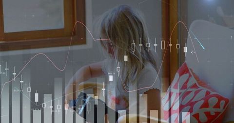 Young Girl Wearing VR Headset with Financial Graphs Overlay