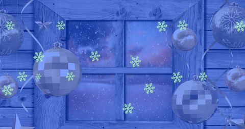 Festive Winter Scenery with Snowfall and Christmas Decorations