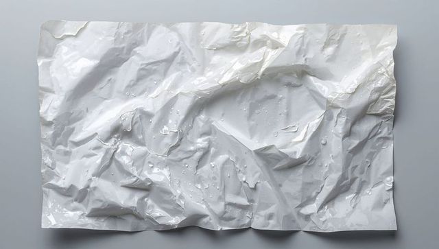 Crumpled glossy white sheet with water droplets and torn edge abstract texture