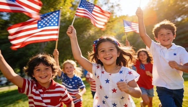 Joyful children running and waving american flags celebrating independence day in park