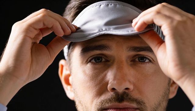 Lifting gray sleep mask onto forehead closeup showing tired eyes and beard