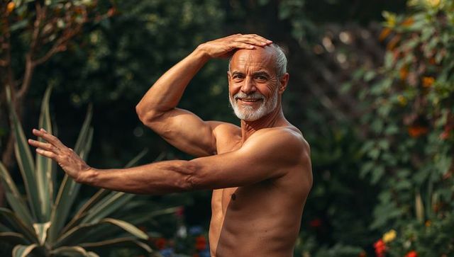 Smiling bare-chested senior man posing and stretching in sunlit backyard garden with yucca