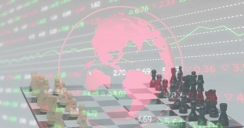Global finance strategy showing chessboard, pieces, pink globe overlay and market tickers
