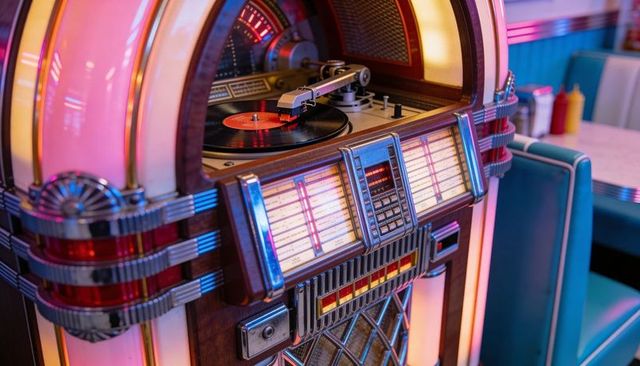 Glowing vintage tabletop jukebox playing vinyl record amid neon chrome retro diner booth