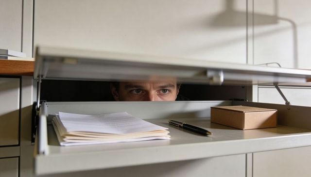 Man peeking through open filing cabinet drawer with documents pen and cardboard box