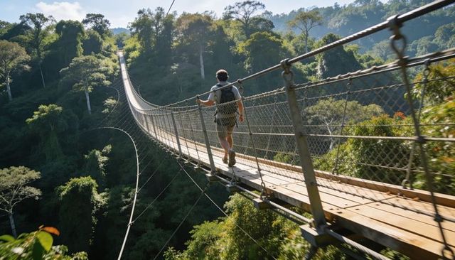 Crossing treetop suspension bridge walking backpacker exploring rainforest canopy gorge