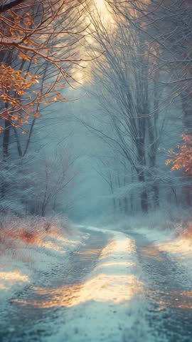 Sunlight Shifting Over Snow Trail, Golden Leaves Glowing in Soft Mist - Vertical Video