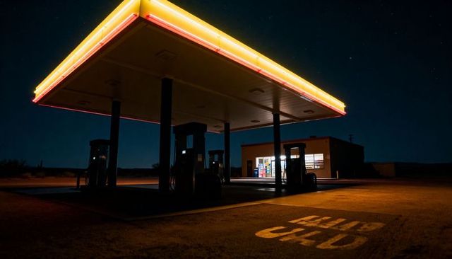 Neon-lit isolated desert gas station canopy at night with lit convenience store and starry sky
