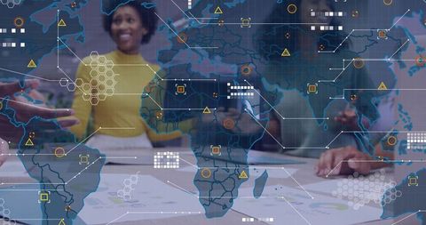 Corporate teamwork meeting with global data overlay