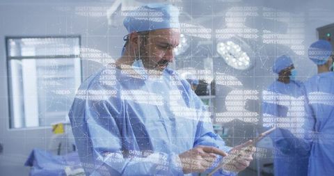 Mature surgeon reviewing surgical data on tablet with augmented reality overlays