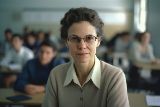 Portrait of caucasian female teacher, created using generative ai technology. Education, school and learning concept digitally generated image.