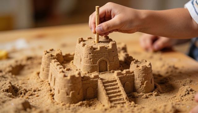 Child shaping detailed sandcastle on tabletop using dowel, imaginative indoor play