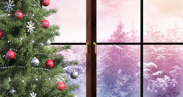 Festive Christmas Tree and Snowy Window Scene - Download Free Stock Images Pikwizard.com