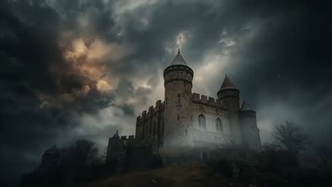 Ancient Fortress Shrouded in Mystical Mist and Dark Skies