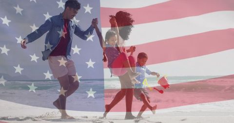 Happy Family at Beach with American Flag Overlay Demonstrating Patriotism