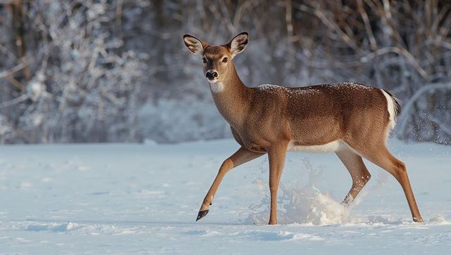 White-tailed doe walking through snowy winter meadow with forest background