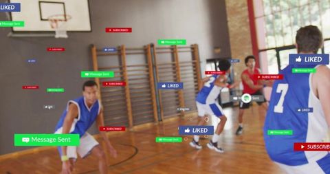 Crouching basketball defender guarding on indoor court with augmented social media overlays