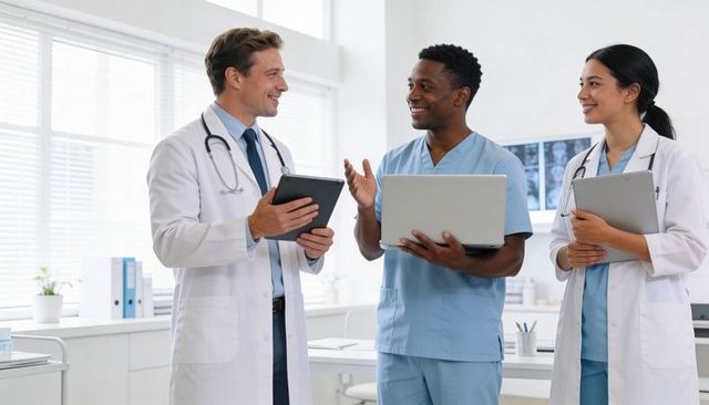 Medical team collaborating with laptop and digital scans in modern clinic