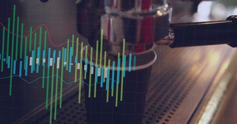 Espresso Portafilter with Candlestick Chart Overlay Conveying Coffee Business Analytics