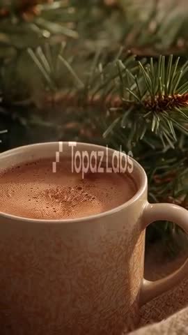 Vertical zooming revealing steaming cocoa mug beside pine branch, cozy rustic winter scene