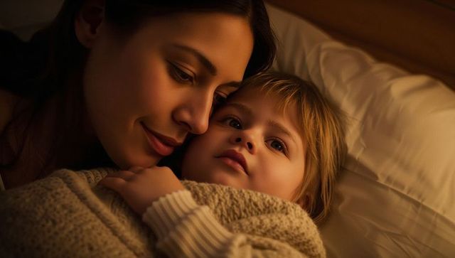 Mother snuggling toddler under cream knit blanket in warm bedtime glow