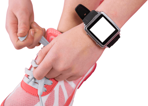 transparent athlete tying running shoe with digital watch closeup - Download Free Stock Videos Pikwizard.com
