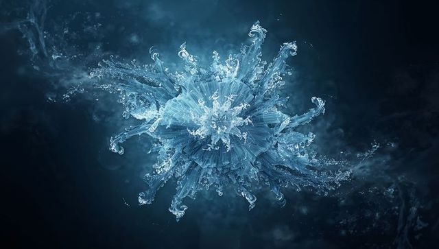 Glowing crystalline splash forming luminescent aqua filaments floating in deep-sea void