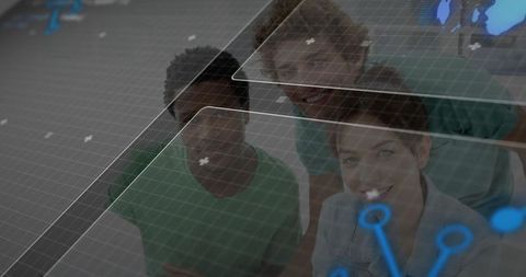 Team engaging with innovative holographic interface and data analytics