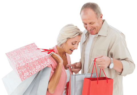 Happy Senior Couple Shopping with Numerous Bags on Transparent Background