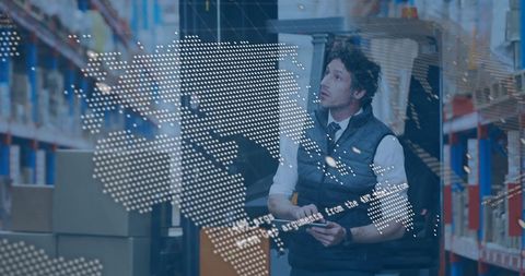 Warehouse Worker Analyzing Digital Mapping Data Interface