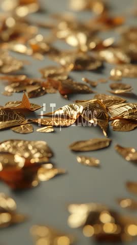Vertical macro video racking focus across crumpled gold leaf fragments with cinematic bokeh