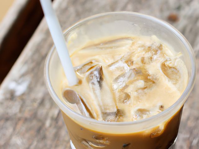Detailed close-up of a creamy iced coffee with milk and large ice cubes in a clear plastic cup on a wooden table. Perfect for illustrating summer refreshment, advertising for cafes and coffee shops, or promoting beverages on social media.
