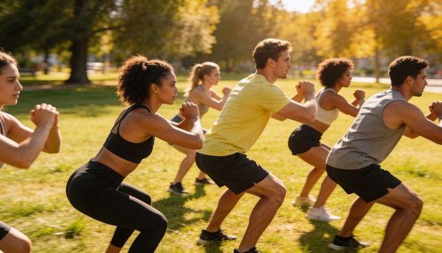Outdoor fitness group performing synchronized squats on sunny park lawn, diverse adults