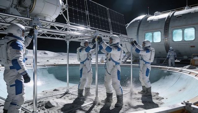 Installing solar array over lunar crater, crew assembling metal truss near habitat module
