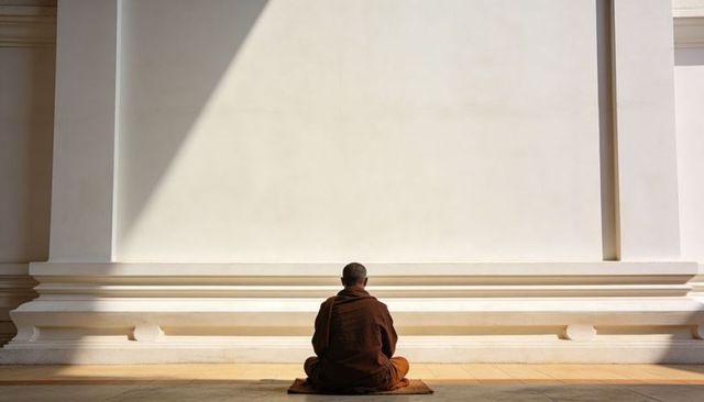 Solitary buddhist monk meditating in sunlit temple corridor with dramatic geometric shadow