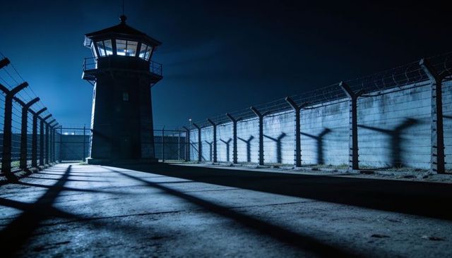 Night watchtower and razor wire perimeter casting long shadows over prison walkway